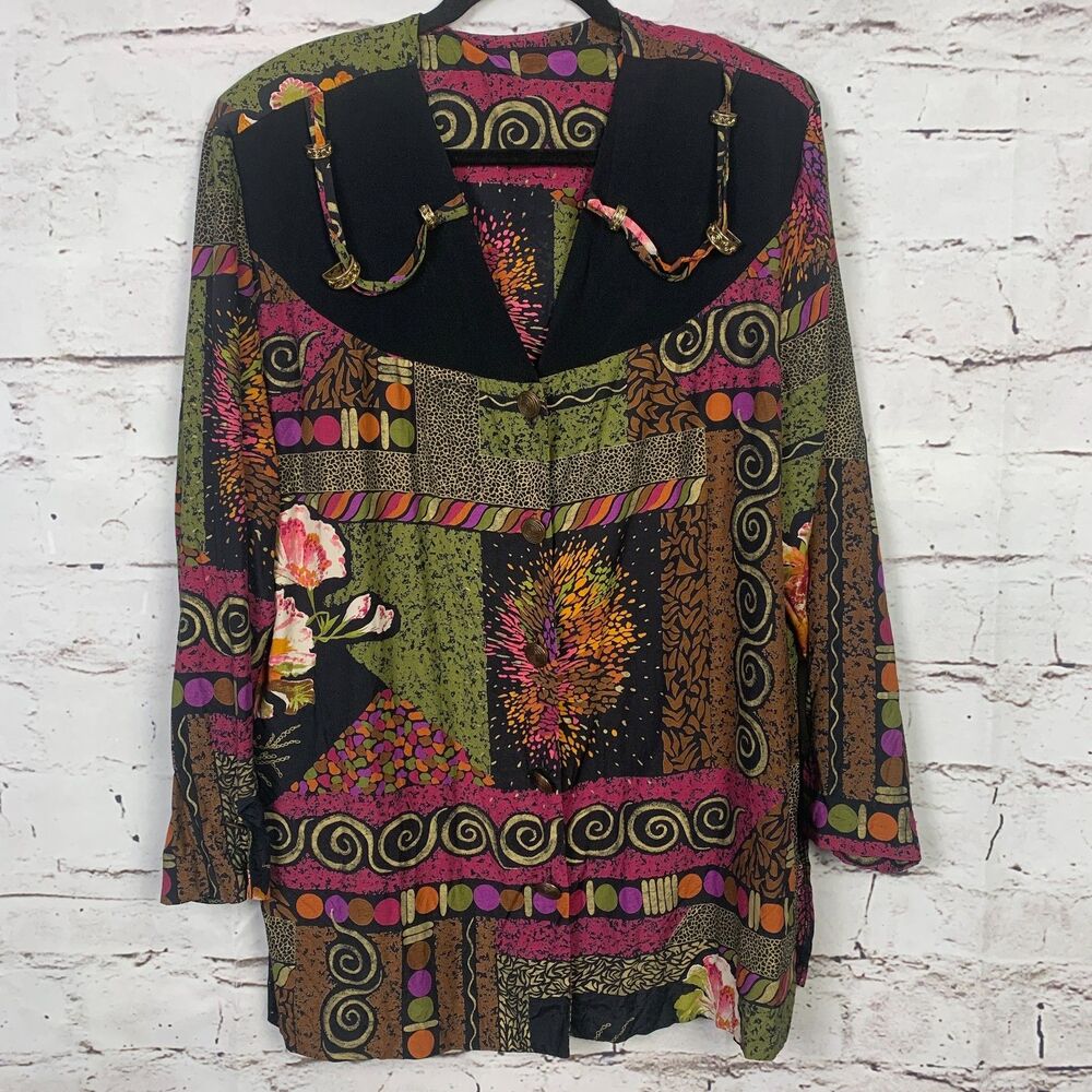 Vintage Laura Kieffer Susan Burrowes Women’s 20 Rayon Open Front Boho Geometric